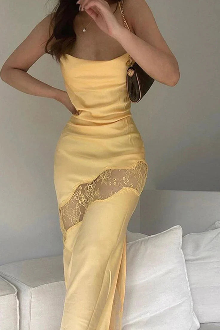 Yellow New Lace Spaghetti Straps Sexy Backless Mid-Length Elegant Satin Classy Prom Dress Classy Evening Dress Party Dress