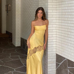 Yellow New Lace Spaghetti Straps Sexy Backless Mid-Length Elegant Satin Classy Prom Dress Classy Evening Dress Party Dress