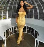 Yellow New Lace Spaghetti Straps Sexy Backless Mid-Length Elegant Satin Classy Prom Dress Classy Evening Dress Party Dress