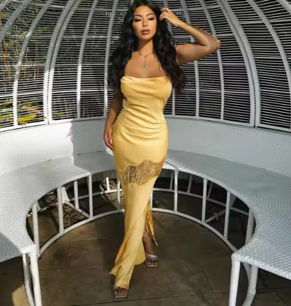 Yellow New Lace Spaghetti Straps Sexy Backless Mid-Length Elegant Satin Classy Prom Dress Classy Evening Dress Party Dress