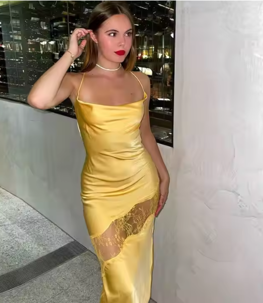 Yellow New Lace Spaghetti Straps Sexy Backless Mid-Length Elegant Satin Classy Prom Dress Classy Evening Dress Party Dress