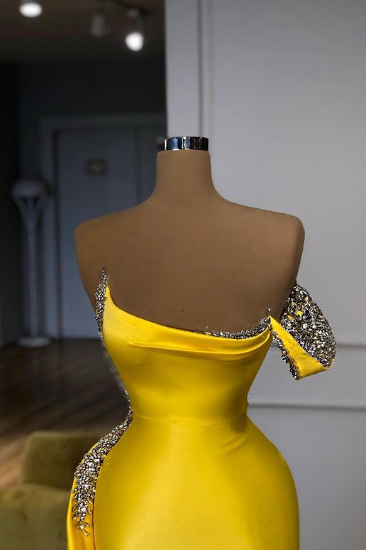 New One Shoulder Bright Yellow Mentallic Sequins Overskirt Prom Dress Secondary image