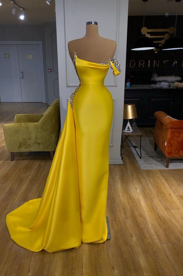 New One Shoulder Bright Yellow Mentallic Sequins Overskirt Prom Dress Main image