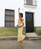 Cute Sweatheart Neckline Yellow Midi Dress With Tie Sleeves
