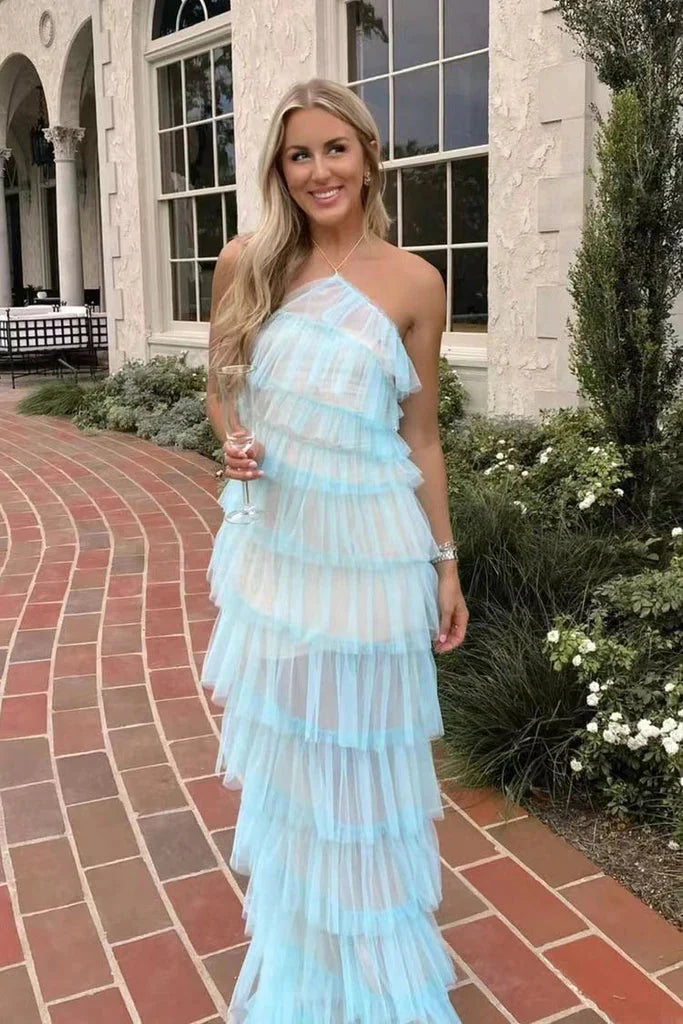 New Style Halter Ruffles Tulle Classy Prom Dress With Slit, Charming Long Party Dress Secondary image