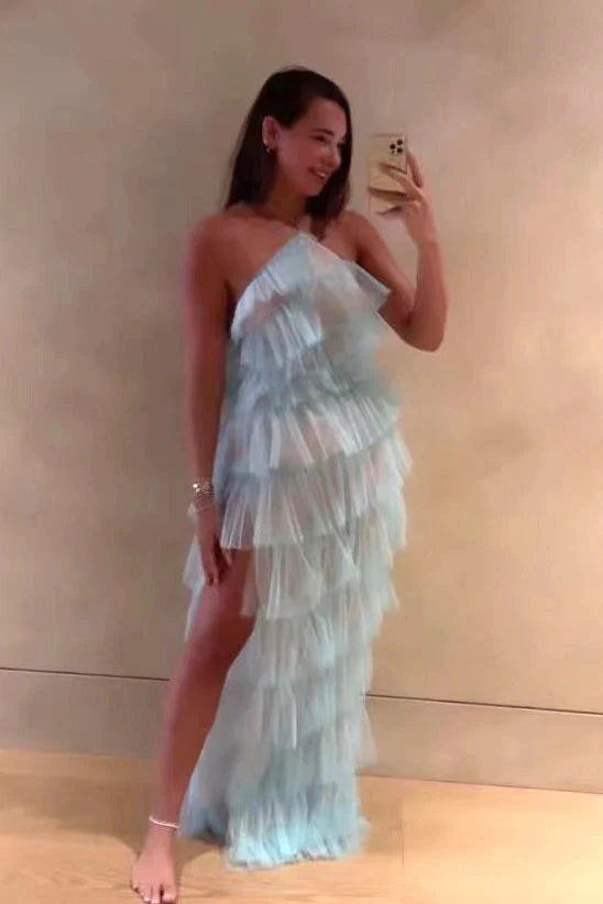 New Style Halter Ruffles Tulle Classy Prom Dress With Slit, Charming Long Party Dress