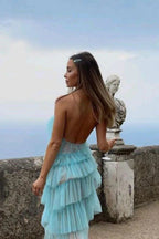 New Style Halter Ruffles Tulle Classy Prom Dress With Slit, Charming Long Party Dress