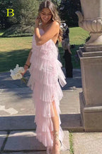 New Style Halter Ruffles Tulle Classy Prom Dress With Slit, Charming Long Party Dress