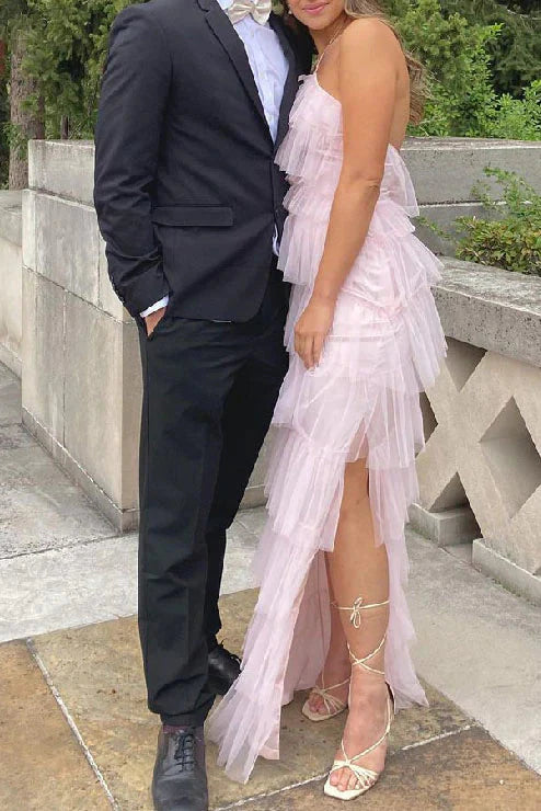 New Style Halter Ruffles Tulle Classy Prom Dress With Slit, Charming Long Party Dress