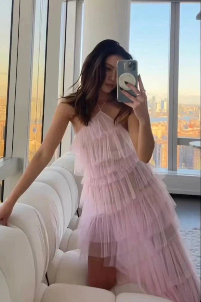 New Style Halter Ruffles Tulle Classy Prom Dress With Slit, Charming Long Party Dress