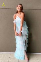 New Style Halter Ruffles Tulle Classy Prom Dress With Slit, Charming Long Party Dress