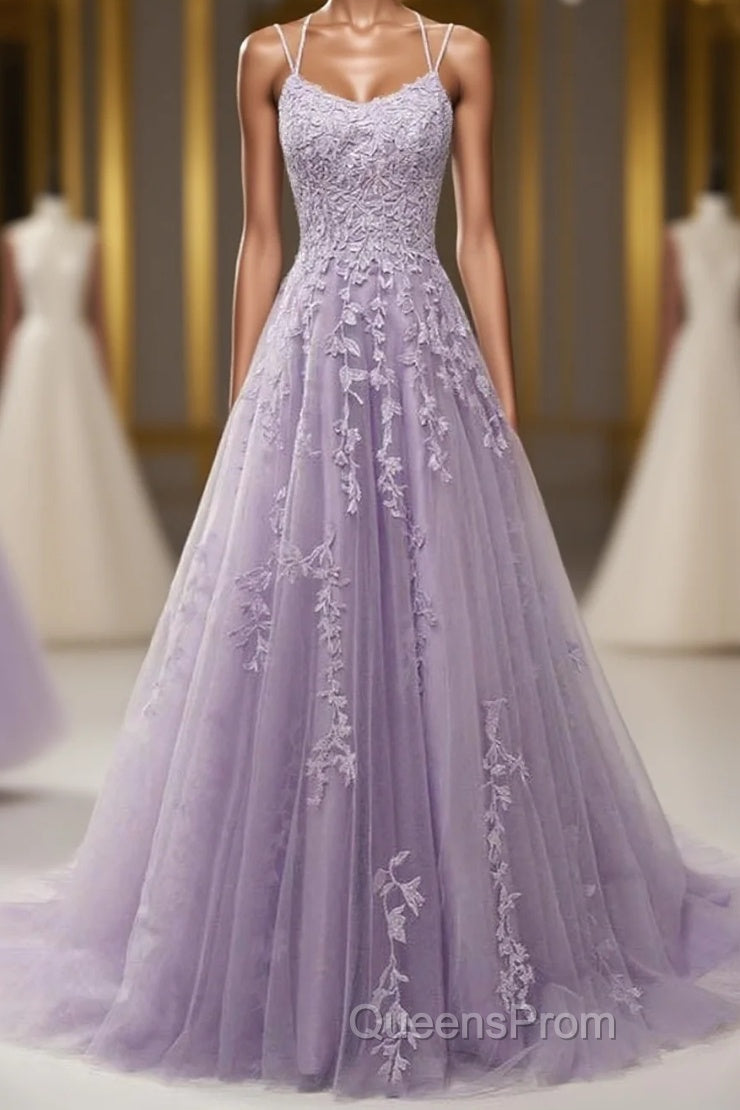 Light Purple Lace Applique A Line Spaghetti Straps Evening Prom Dress Evening Gown Main image