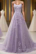 Light Purple Lace Applique A Line Spaghetti Straps Evening Prom Dress Evening Gown