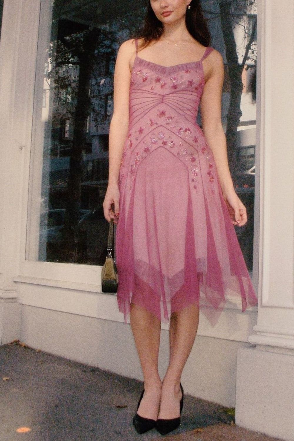 NiceVestidos--Pink Beaded Mid-Length Homecoming Dress Classy Prom Dress