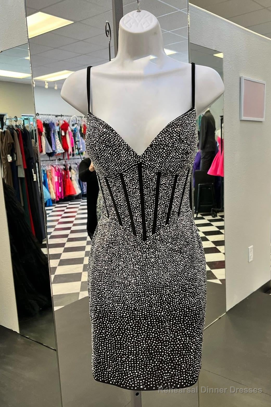 Black Sheath Straps V Neck Beaded Homecoming Dress Main image