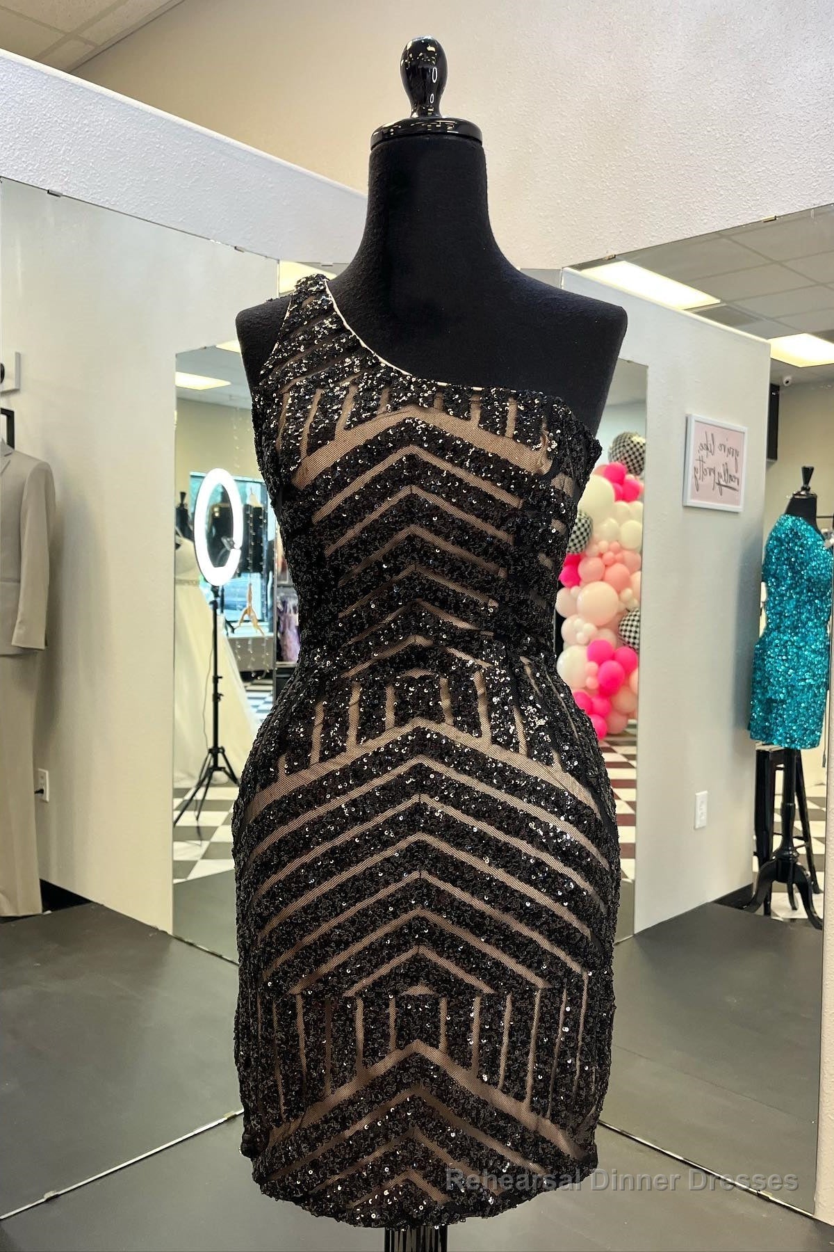 Tight One Shoulder Hot Pink Sequins Homecoming Dress Secondary image
