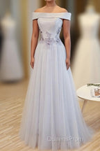 Gray A Line Off Shoulder Floor Length Evening Prom Dress, Lace Evening Dress