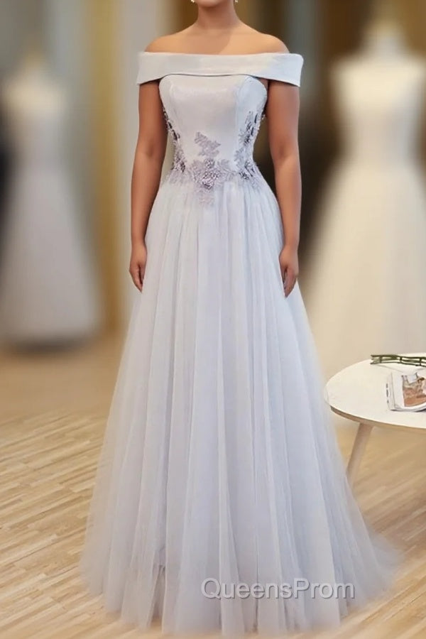 Gray A Line Off Shoulder Floor Length Evening Prom Dress, Lace Evening Dress