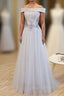 Gray A Line Off Shoulder Floor Length Evening Prom Dress, Lace Evening Dress
