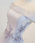 Gray A Line Off Shoulder Floor Length Evening Prom Dress, Lace Evening Dress