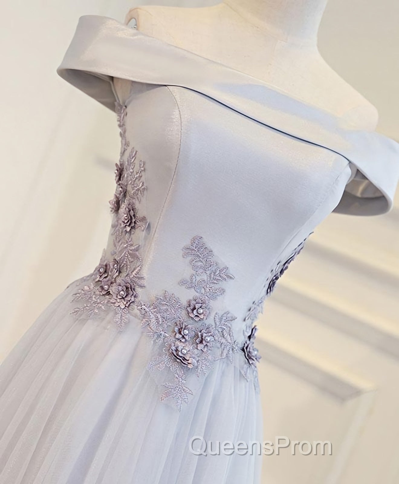Gray A Line Off Shoulder Floor Length Evening Prom Dress, Lace Evening Dress