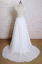 Noble A-Line Shoulder Strap With Chiffon Patch Flower Dew Back And Ground Length Wedding Dress