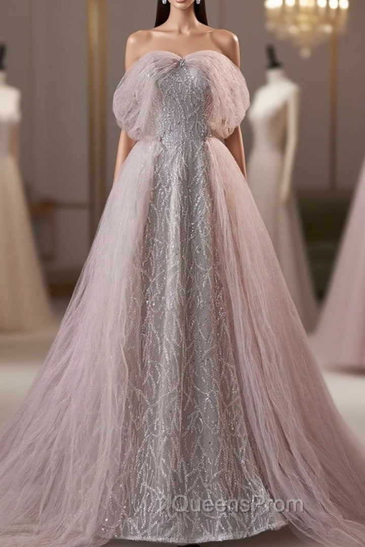 Noble And Charming Dark Pink Beaded Sequins Off The Shoulder Short Sleeved Ball Dress, Dark Pink A-Shaped Princess Backless Strap And Ground Length Evening Dress