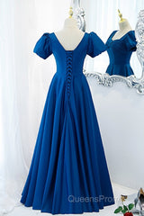 Noble And Elegant Blue Satin Retro Square Neck Short Sleeved Ball Dress With Blue Backless Strap And Floor Length Evening Dress