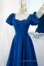 Noble And Elegant Blue Satin Retro Square Neck Short Sleeved Ball Dress With Blue Backless Strap And Floor Length Evening Dress