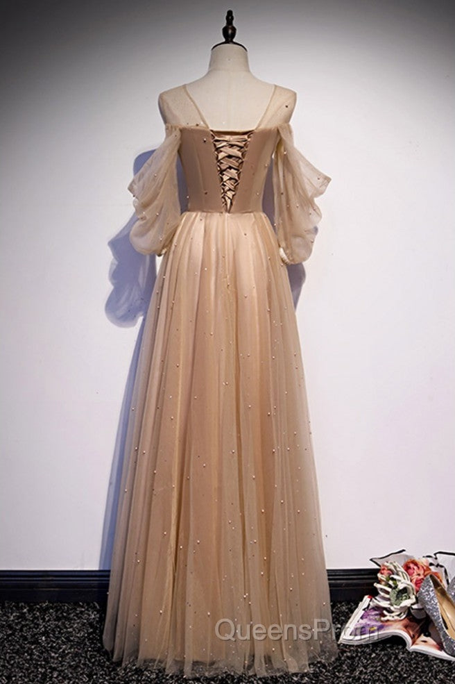 Noble And Elegant Champagne Beaded Long Sleeved Off Shoulder Ball Dress Champagne A-Line Princess Off Shoulder Strap And Floor Length Evening Prom Dress