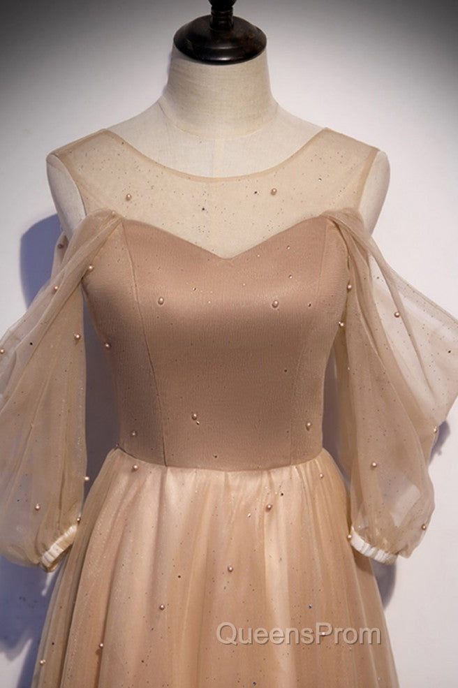Noble And Elegant Champagne Beaded Long Sleeved Off Shoulder Ball Dress Champagne A-Line Princess Off Shoulder Strap And Floor Length Evening Prom Dress