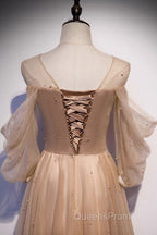 Noble And Elegant Champagne Beaded Long Sleeved Off Shoulder Ball Dress Champagne A-Line Princess Off Shoulder Strap And Floor Length Evening Prom Dress