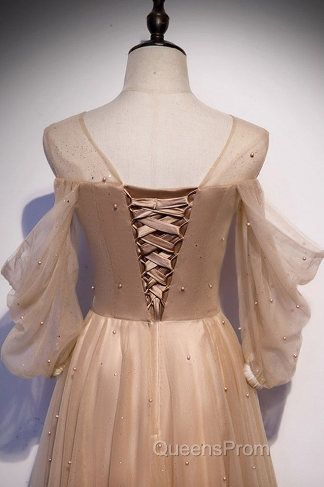 Noble And Elegant Champagne Beaded Long Sleeved Off Shoulder Ball Dress Champagne A-Line Princess Off Shoulder Strap And Floor Length Evening Prom Dress