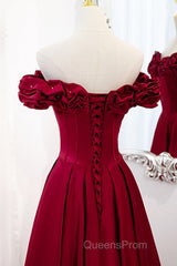 Noble And Elegant Wine Red Sleeveless Off Shoulder Beaded Ball Dress With Wine Red A-Shaped Backless Strap And Ground Length Ruffled Hem Evening Prom Dress