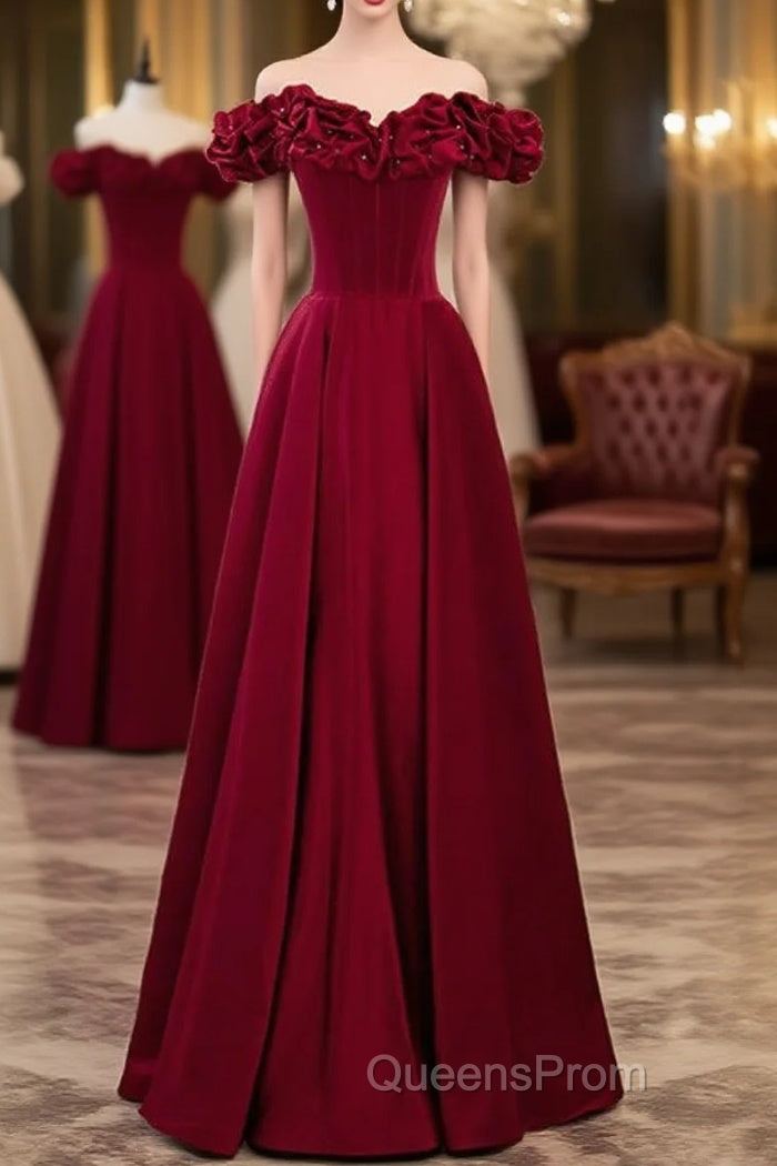 Noble And Elegant Wine Red Sleeveless Off Shoulder Beaded Ball Dress With Wine Red A-Shaped Backless Strap And Ground Length Ruffled Hem Evening Prom Dress Main image
