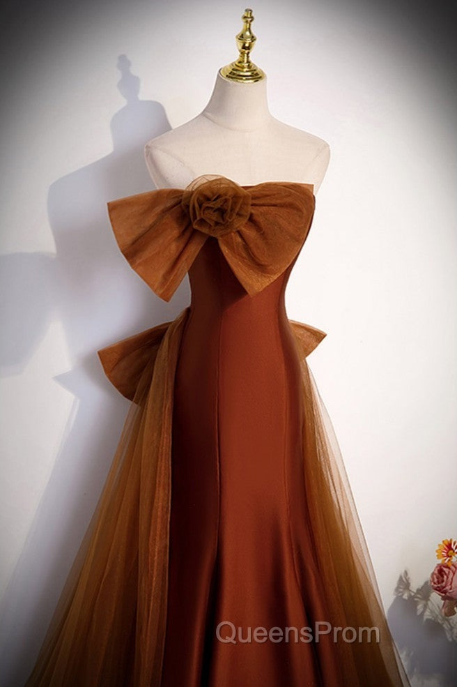 Noble And Unique Chocolate Sleeveless Evening Prom Dress Chocolate Mermaid Strapless Tulle Butterfly Knot Dew Back Strap Long And Floor Evening Dress