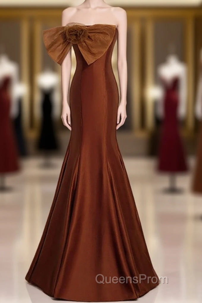 Noble And Unique Chocolate Sleeveless Evening Prom Dress Chocolate Mermaid Strapless Tulle Butterfly Knot Dew Back Strap Long And Floor Evening Dress Main image