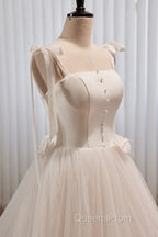 Noble And Unique White Pearl Sleeveless Off Shoulder Bow Ball Dress With White Thin Shoulder Strap Off Back Tie And Floor Length Tail Evening Dress