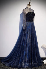 Noble Navy Blue Perspective High Neck Long Sleeved Water Diamond Sequin Ball Dress Navy Blue A-Line Princess Sparkling Backless Tulle Sweeping Tail Ruffle Edge Evening Dress