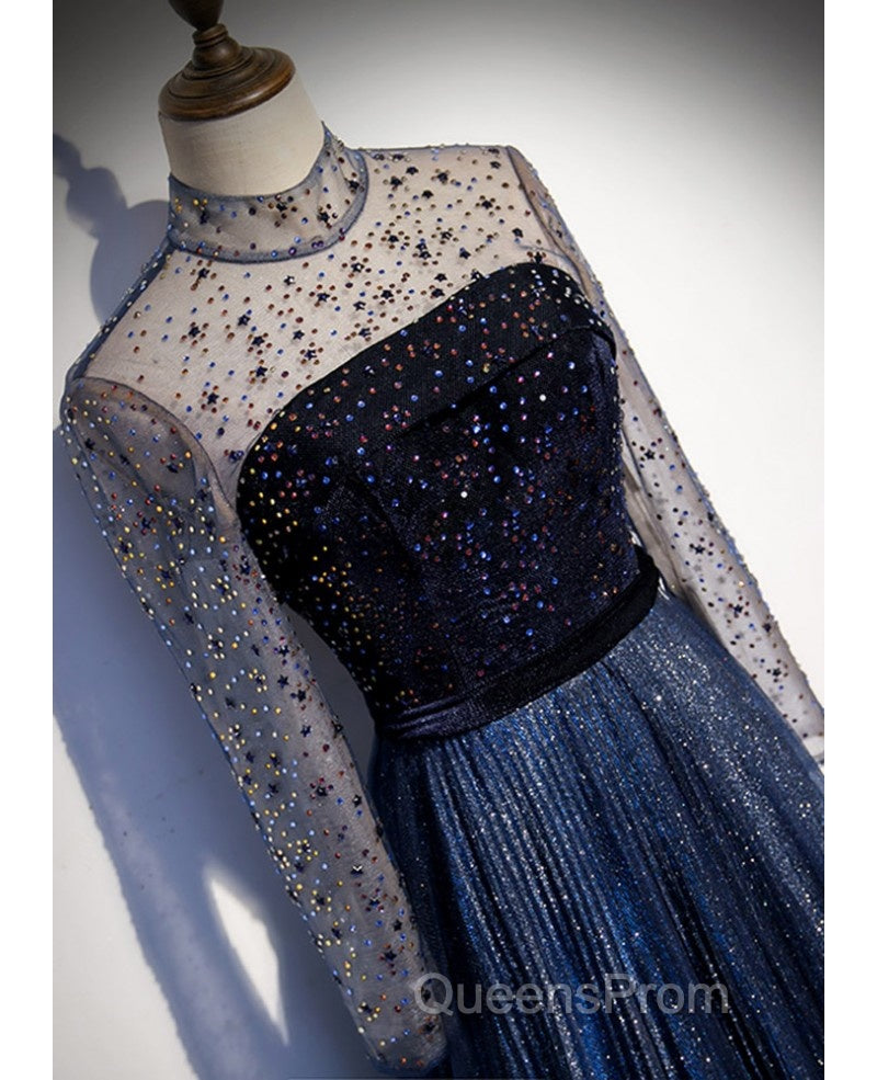 Noble Navy Blue Perspective High Neck Long Sleeved Water Diamond Sequin Ball Dress Navy Blue A-Line Princess Sparkling Backless Tulle Sweeping Tail Ruffle Edge Evening Dress