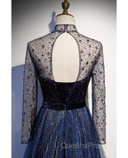 Noble Navy Blue Perspective High Neck Long Sleeved Water Diamond Sequin Ball Dress Navy Blue A-Line Princess Sparkling Backless Tulle Sweeping Tail Ruffle Edge Evening Dress
