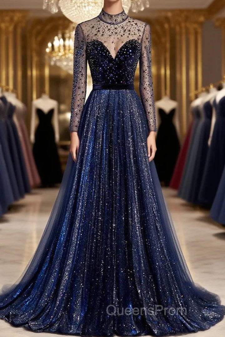 Noble Navy Blue Perspective High Neck Long Sleeved Water Diamond Sequin Ball Dress Navy Blue A-Line Princess Sparkling Backless Tulle Sweeping Tail Ruffle Edge Evening Dress