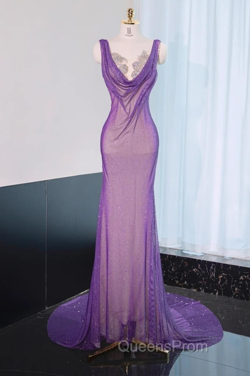Noble Purple Mermaid Gown - Glitter Rhinestone Tulle Evening Prom Dress For Special Ocassions