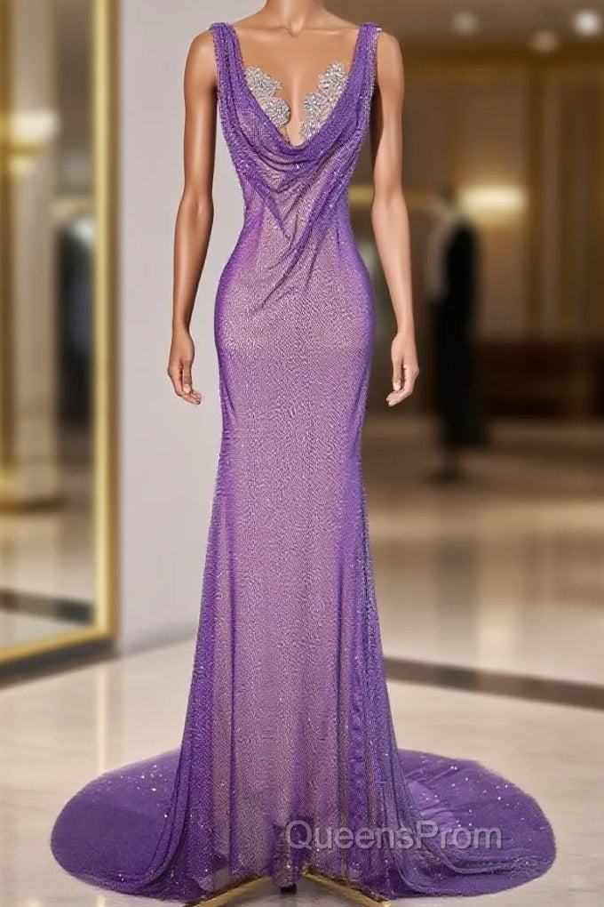 Noble Purple Mermaid Gown - Glitter Rhinestone Tulle Evening Prom Dress For Special Ocassions Main image