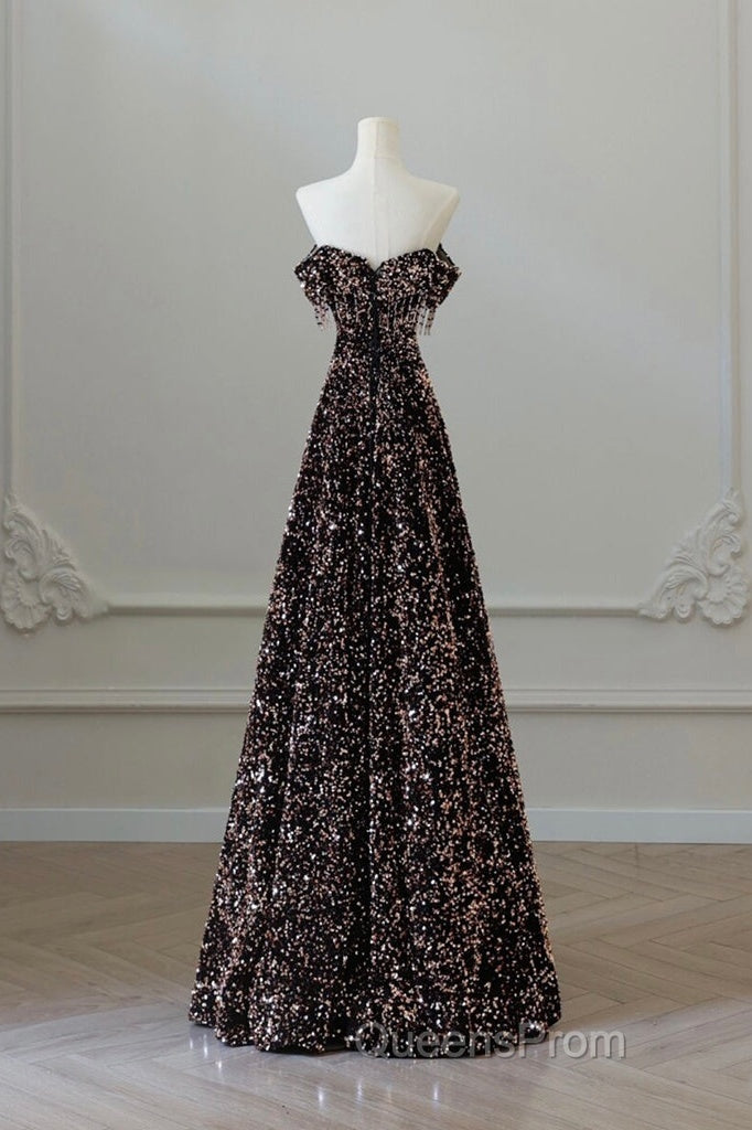 Off Shoulder A-Line Coffee Gold Sequin Long Evening Prom Dress, Coffee Gold Evening Dress Secondary image