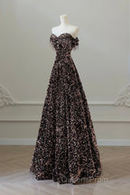 Off Shoulder A-Line Coffee Gold Sequin Long Evening Prom Dress, Coffee Gold Evening Dress