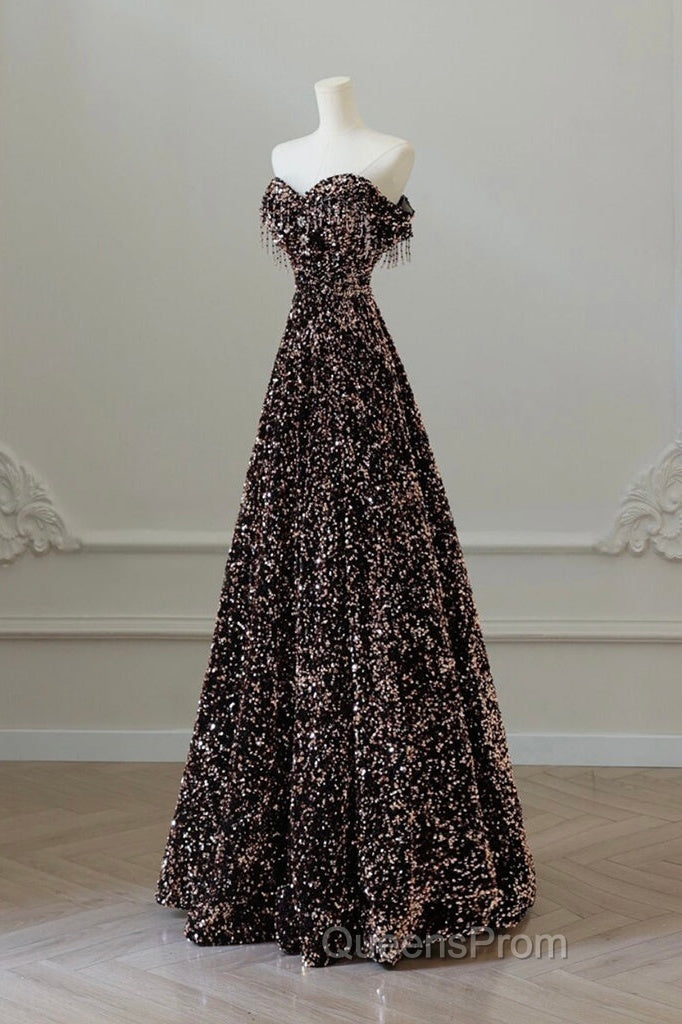 Off Shoulder A-Line Coffee Gold Sequin Long Evening Prom Dress, Coffee Gold Evening Dress