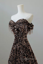 Off Shoulder A-Line Coffee Gold Sequin Long Evening Prom Dress, Coffee Gold Evening Dress