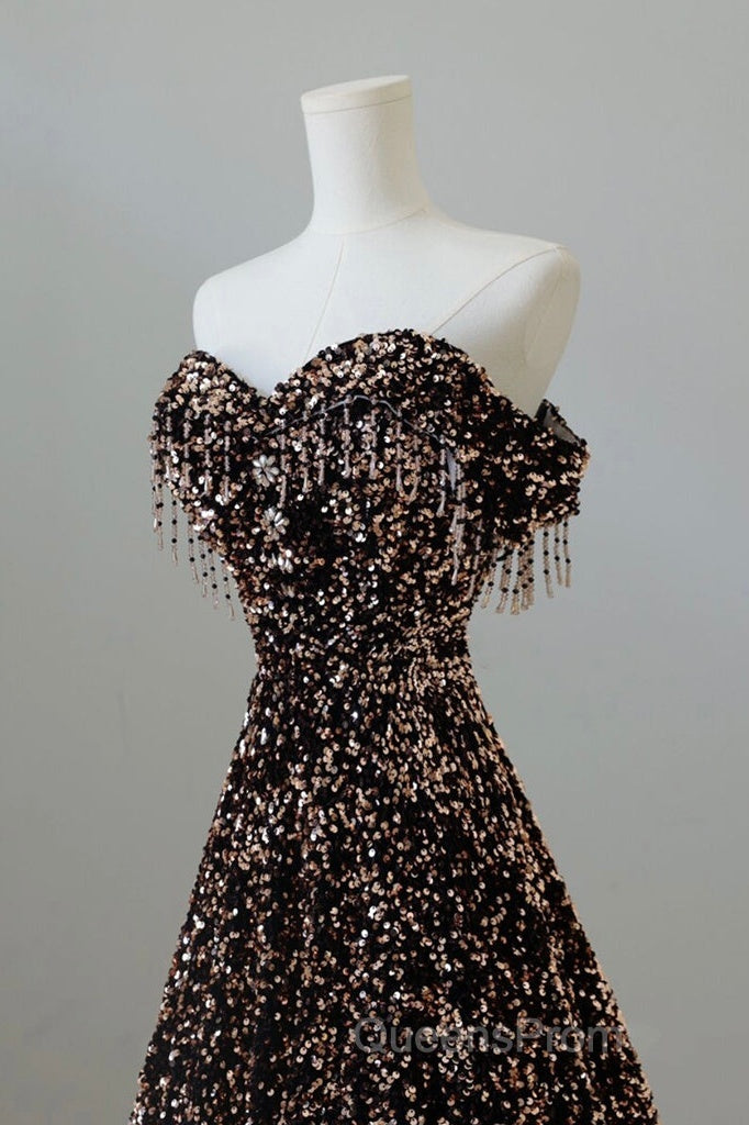 Off Shoulder A-Line Coffee Gold Sequin Long Evening Prom Dress, Coffee Gold Evening Dress