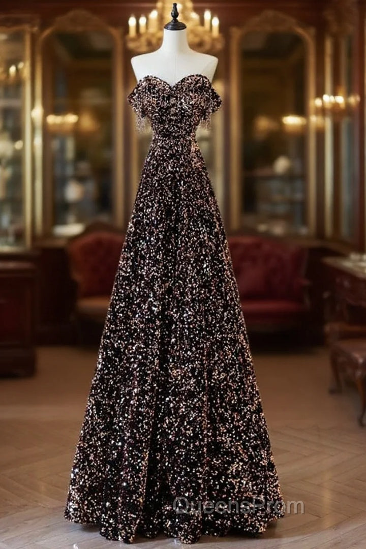 Off Shoulder A-Line Coffee Gold Sequin Long Evening Prom Dress, Coffee Gold Evening Dress Main image